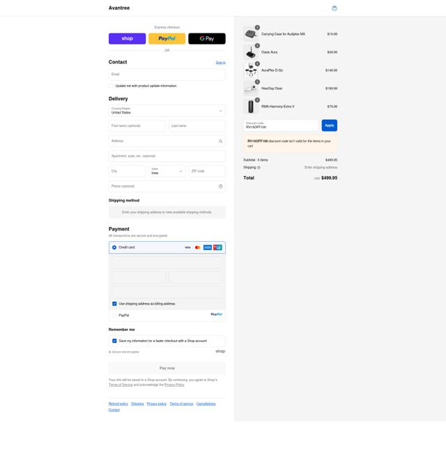 Avantree checkout page showing Avantree promo code box | Screenshot taken by SimplyCodes community member on Sep 10, 2025