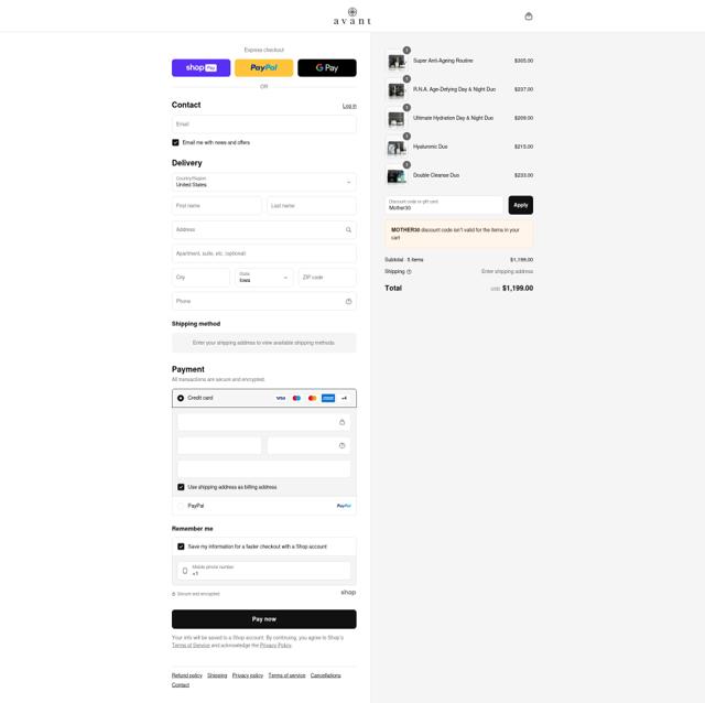 Avant Skincare checkout page showing Avant Skincare promo code box | Screenshot taken by SimplyCodes community member on Aug 24, 2025