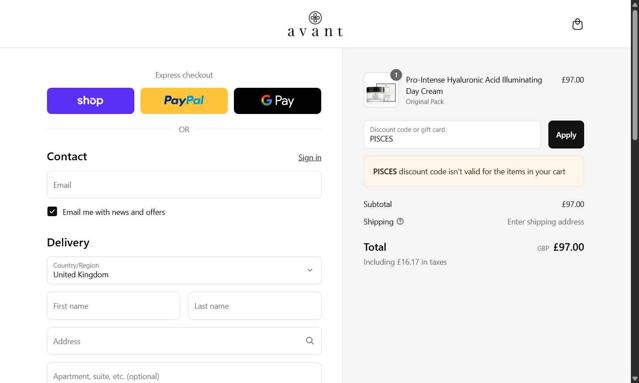 Avant Skincare checkout page showing Avant Skincare promo code box | Screenshot taken by SimplyCodes community member on Sep 14, 2025