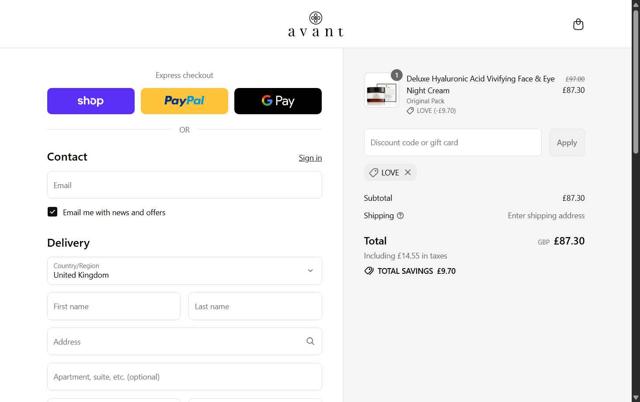 Avant Skincare checkout page showing Avant Skincare promo code box | Screenshot taken by SimplyCodes community member on Sep 14, 2025