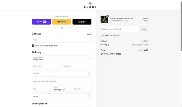 Avant Skincare checkout page showing Avant Skincare promo code box | Screenshot taken by SimplyCodes community member on Aug 25, 2025