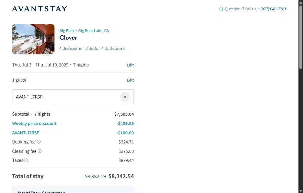 AvantStay checkout page showing AvantStay discount code box | Screenshot taken by SimplyCodes community member on Jun 19, 2025