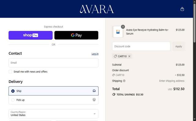 Avara checkout page showing Avara discount code box | Screenshot taken by SimplyCodes community member on Aug 22, 2025