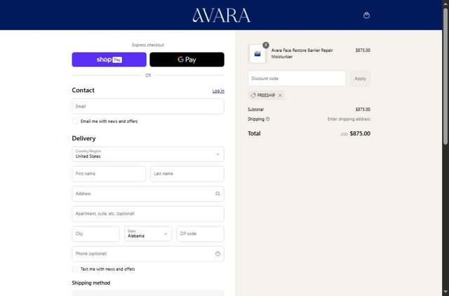 Avara checkout page showing Avara discount code box | Screenshot taken by SimplyCodes community member on Jul 10, 2025