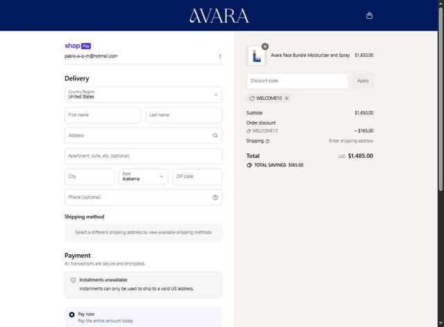 Avara checkout page showing Avara discount code box | Screenshot taken by SimplyCodes community member on Jul 10, 2025