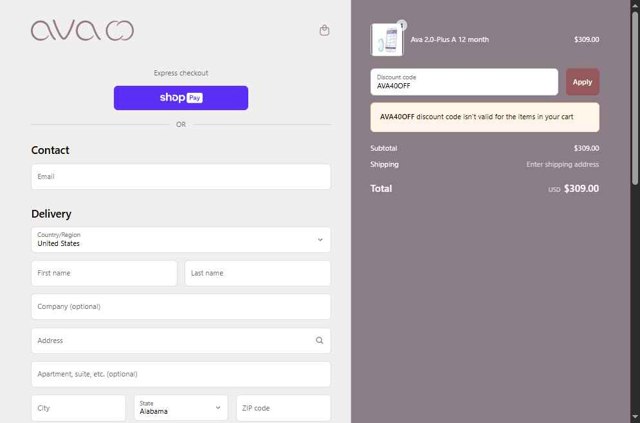 Ava Women checkout page showing Ava Women promo code box | Screenshot taken by SimplyCodes community member on May 14, 2025