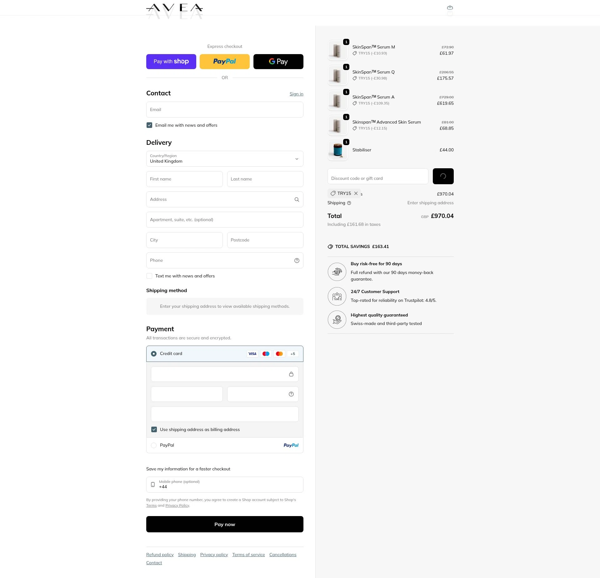 AVEA checkout page showing AVEA promo code box | Screenshot taken by SimplyCodes community member on Jan 10, 2026