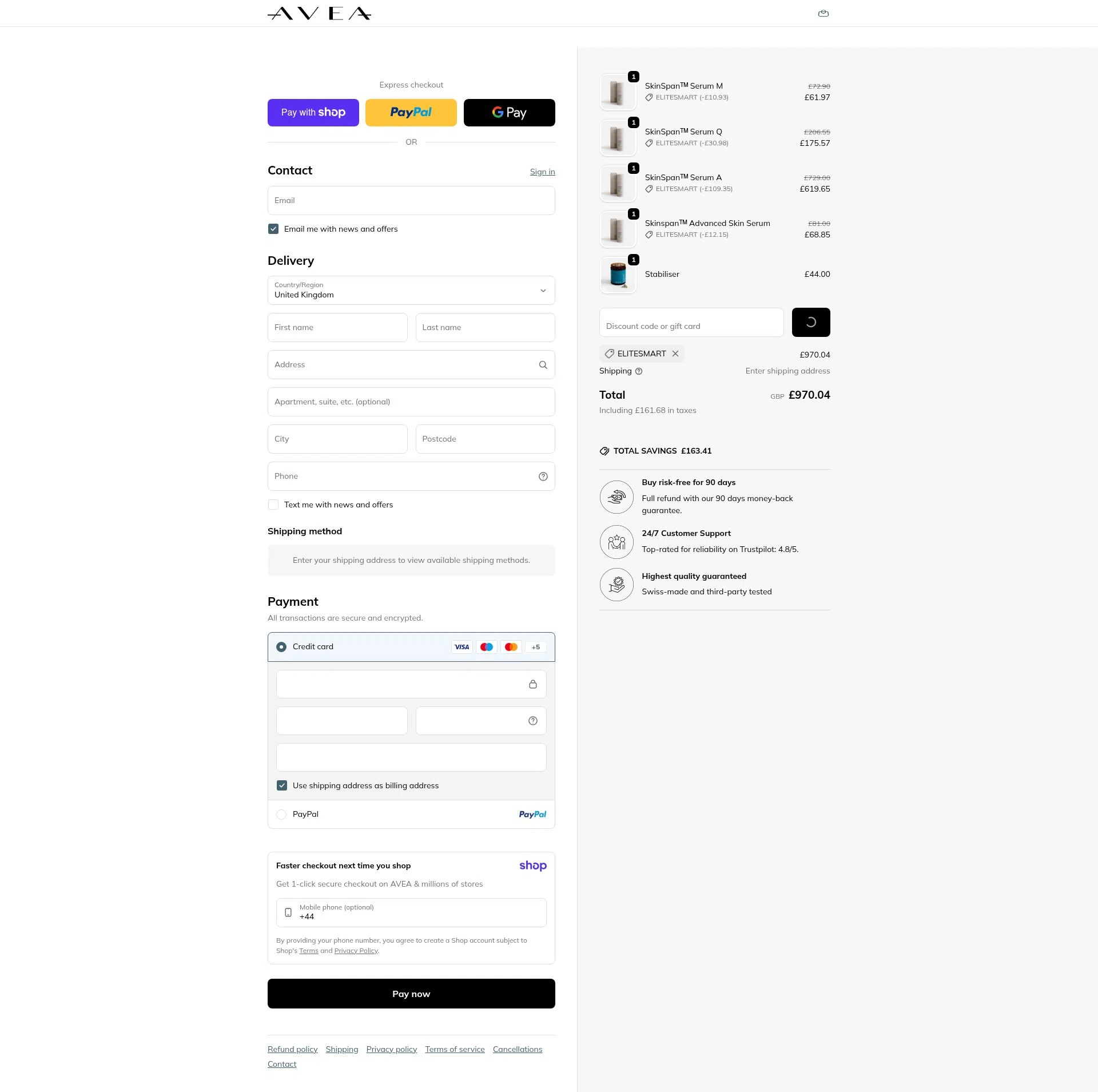 AVEA checkout page showing AVEA promo code box | Screenshot taken by SimplyCodes community member on Jan 10, 2026
