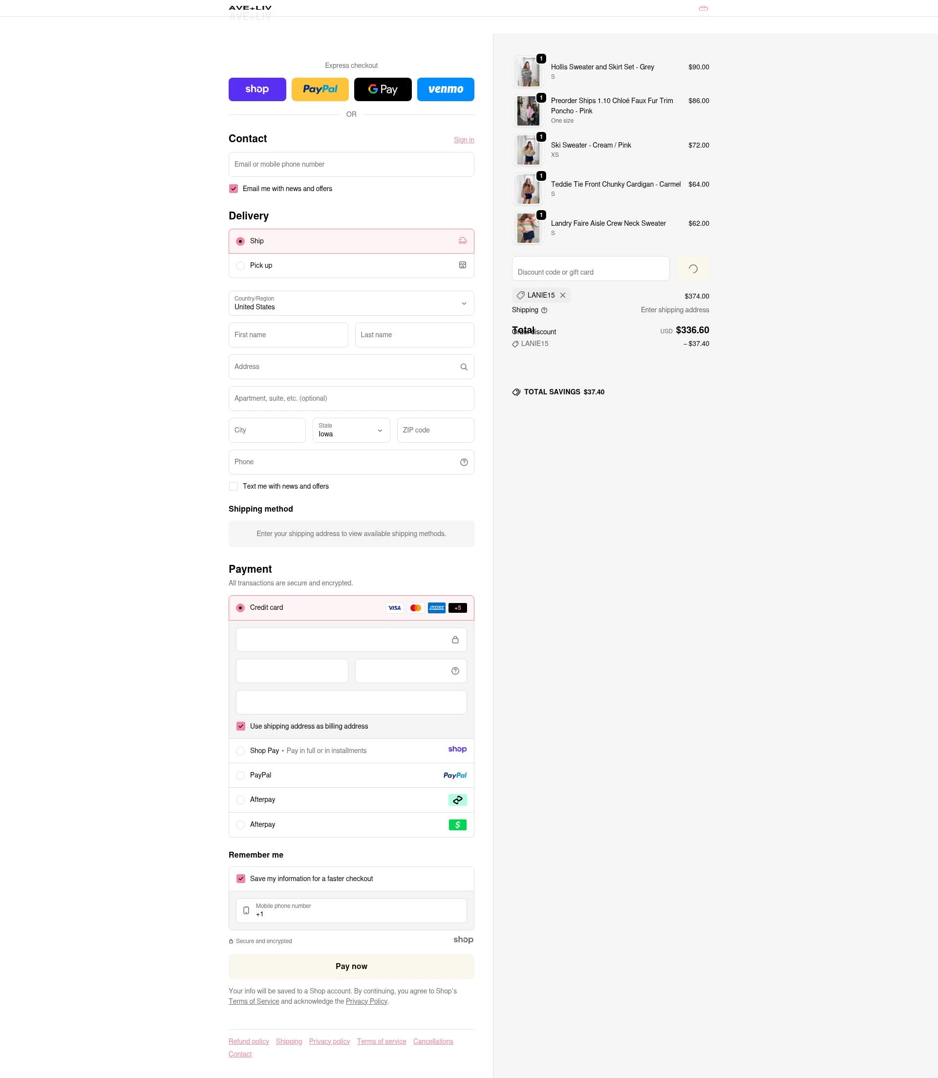 Ave and Liv checkout page showing Ave and Liv promo code box | Screenshot taken by SimplyCodes community member on Jan 1, 2026