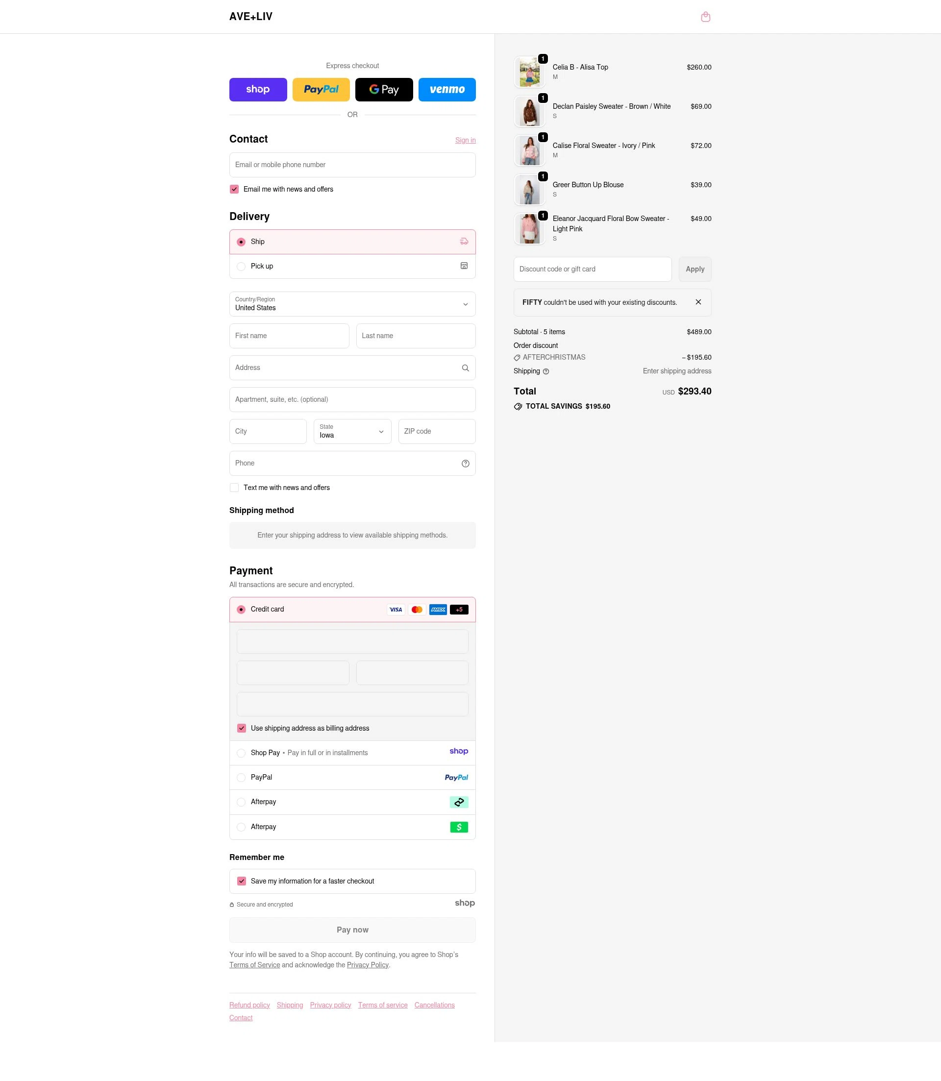Ave and Liv checkout page showing Ave and Liv promo code box | Screenshot taken by SimplyCodes community member on Dec 27, 2025