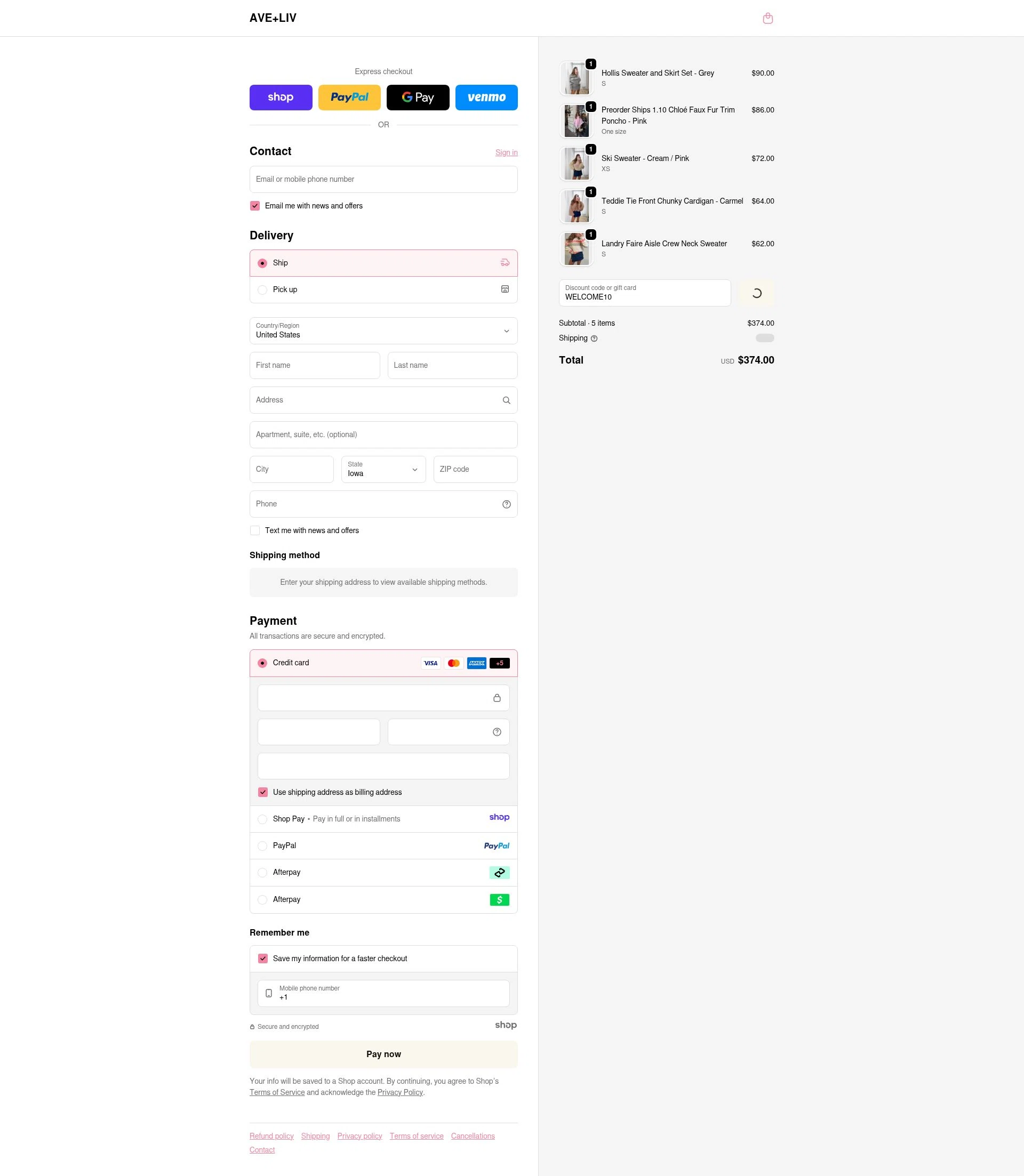 Ave and Liv checkout page showing Ave and Liv promo code box | Screenshot taken by SimplyCodes community member on Jan 1, 2026