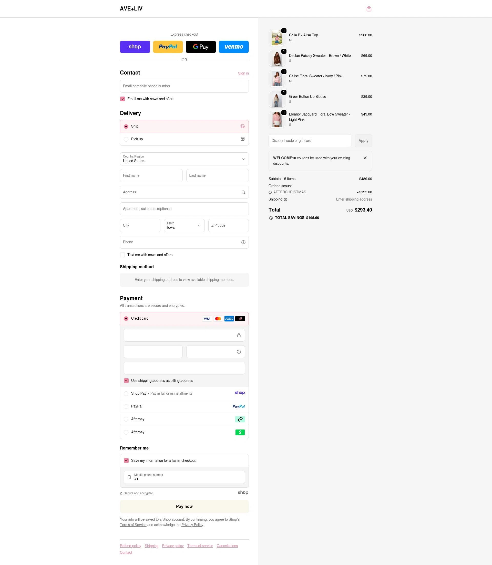 Ave and Liv checkout page showing Ave and Liv promo code box | Screenshot taken by SimplyCodes community member on Dec 27, 2025