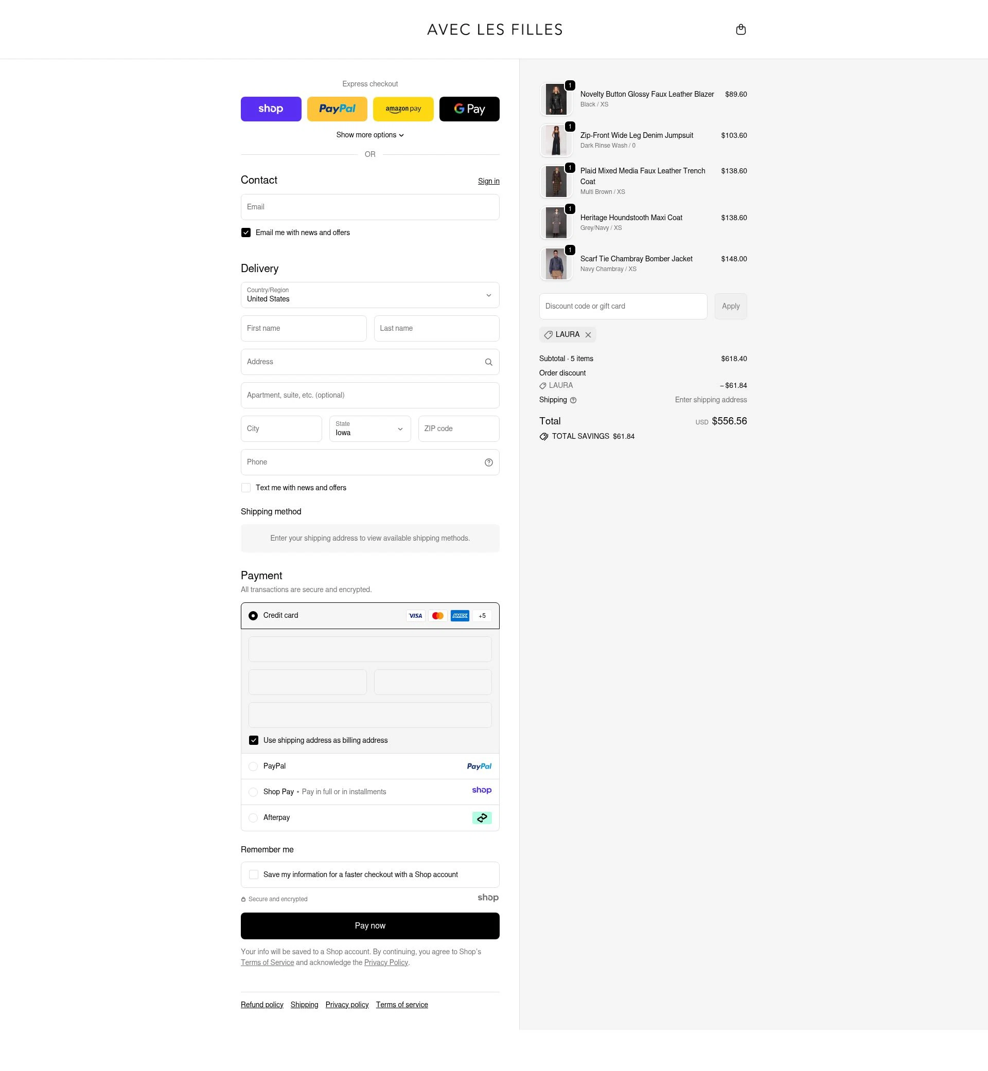 Avec Les Filles checkout page showing Avec Les Filles promo code box | Screenshot taken by SimplyCodes community member on Dec 9, 2025