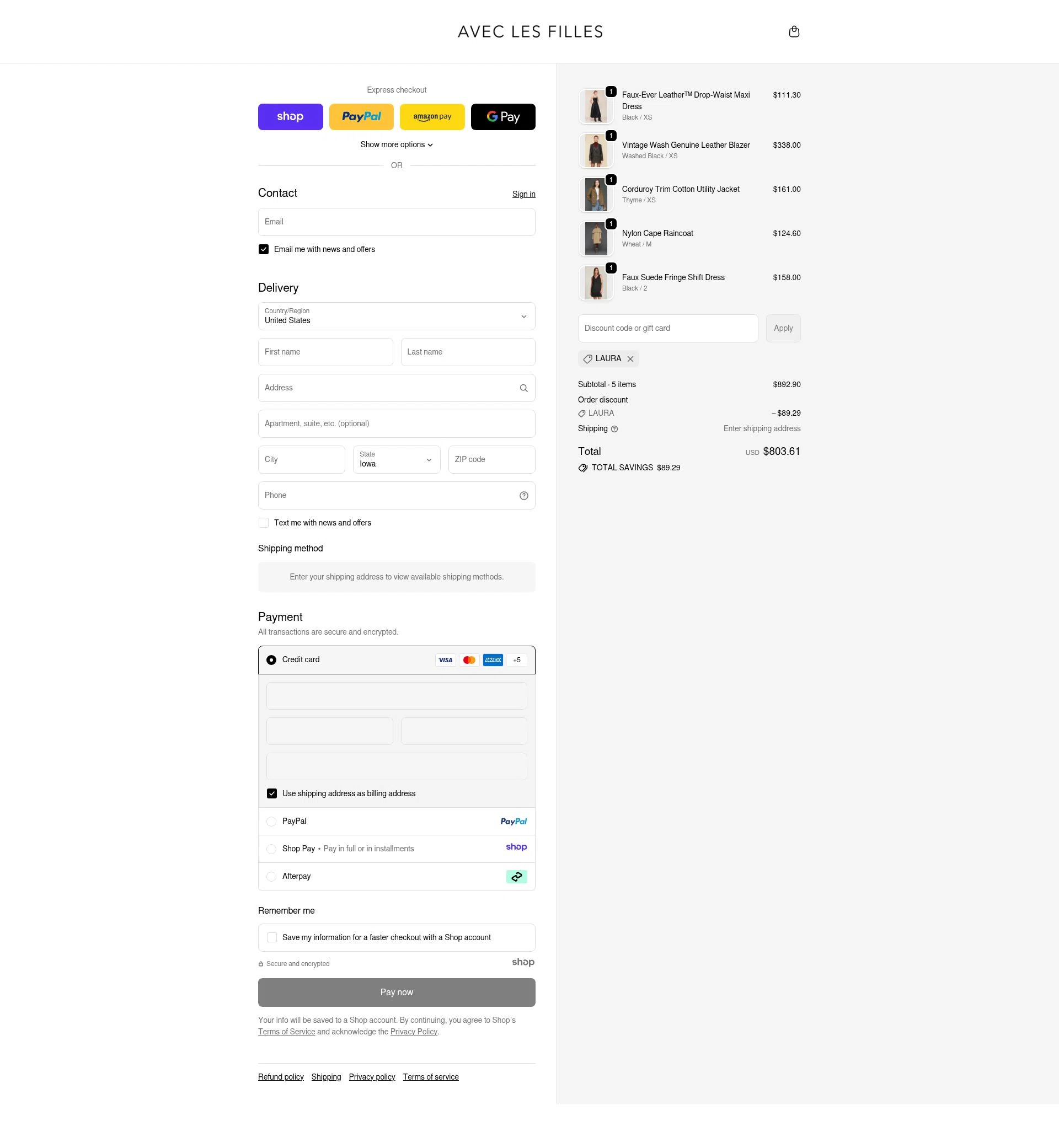 Avec Les Filles checkout page showing Avec Les Filles promo code box | Screenshot taken by SimplyCodes community member on Dec 3, 2025
