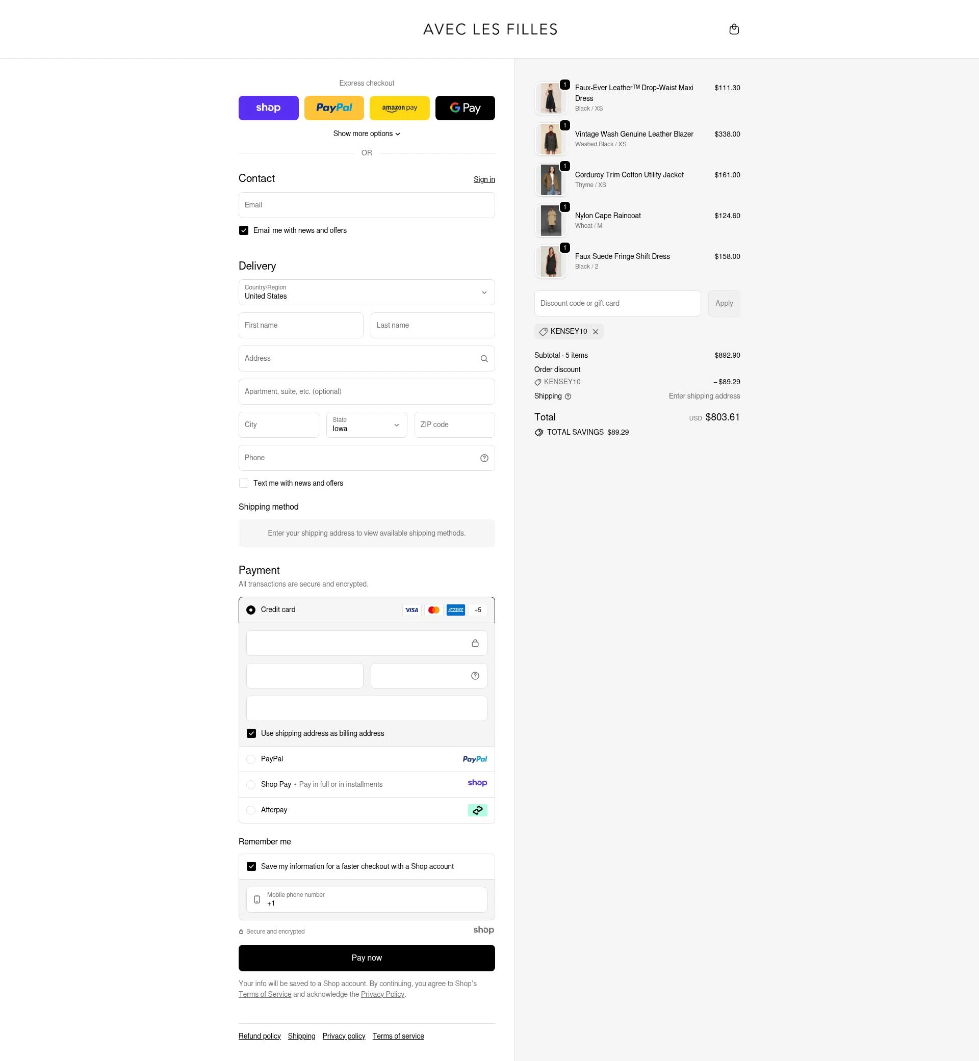 Avec Les Filles checkout page showing Avec Les Filles promo code box | Screenshot taken by SimplyCodes community member on Dec 3, 2025