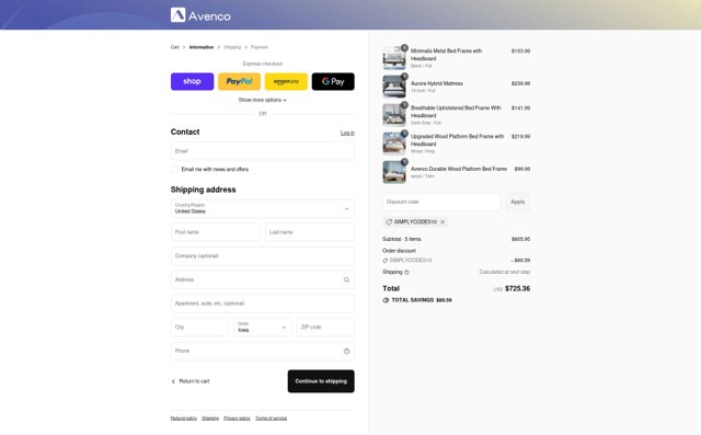 Avenco checkout page showing Avenco discount code box | Screenshot taken by SimplyCodes community member on Sep 4, 2025
