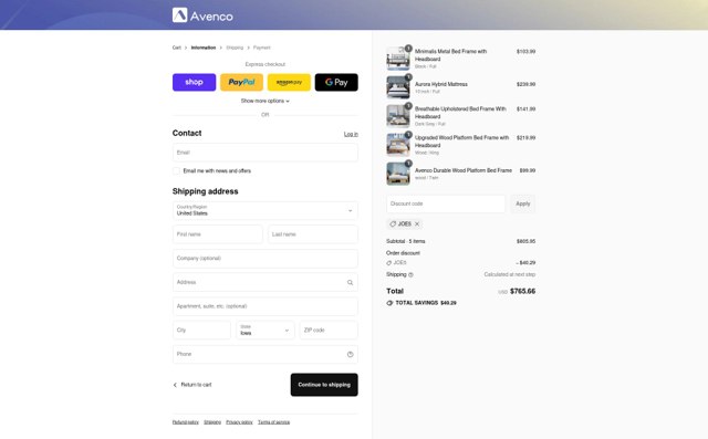Avenco checkout page showing Avenco discount code box | Screenshot taken by SimplyCodes community member on Sep 4, 2025