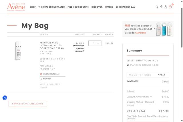 Avene checkout page showing Avene discount code box | Screenshot taken by SimplyCodes community member on Aug 22, 2025