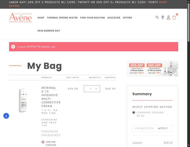 Avene checkout page showing Avene discount code box | Screenshot taken by SimplyCodes community member on Sep 2, 2025