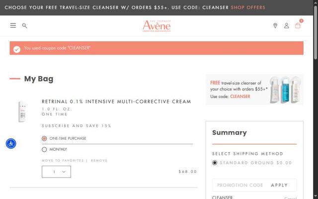 Avene checkout page showing Avene discount code box | Screenshot taken by SimplyCodes community member on Aug 21, 2025