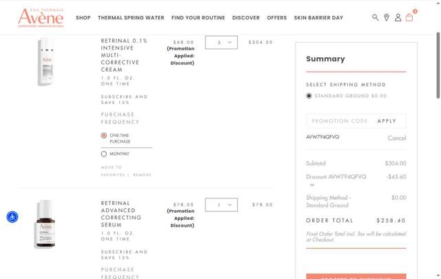 Avene checkout page showing Avene discount code box | Screenshot taken by SimplyCodes community member on Aug 21, 2025