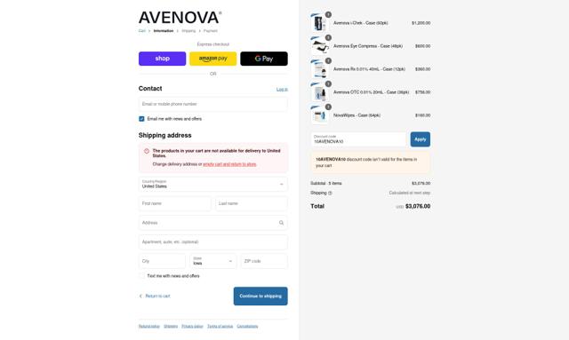 Avenova checkout page showing Avenova discount code box | Screenshot taken by SimplyCodes community member on Sep 8, 2025