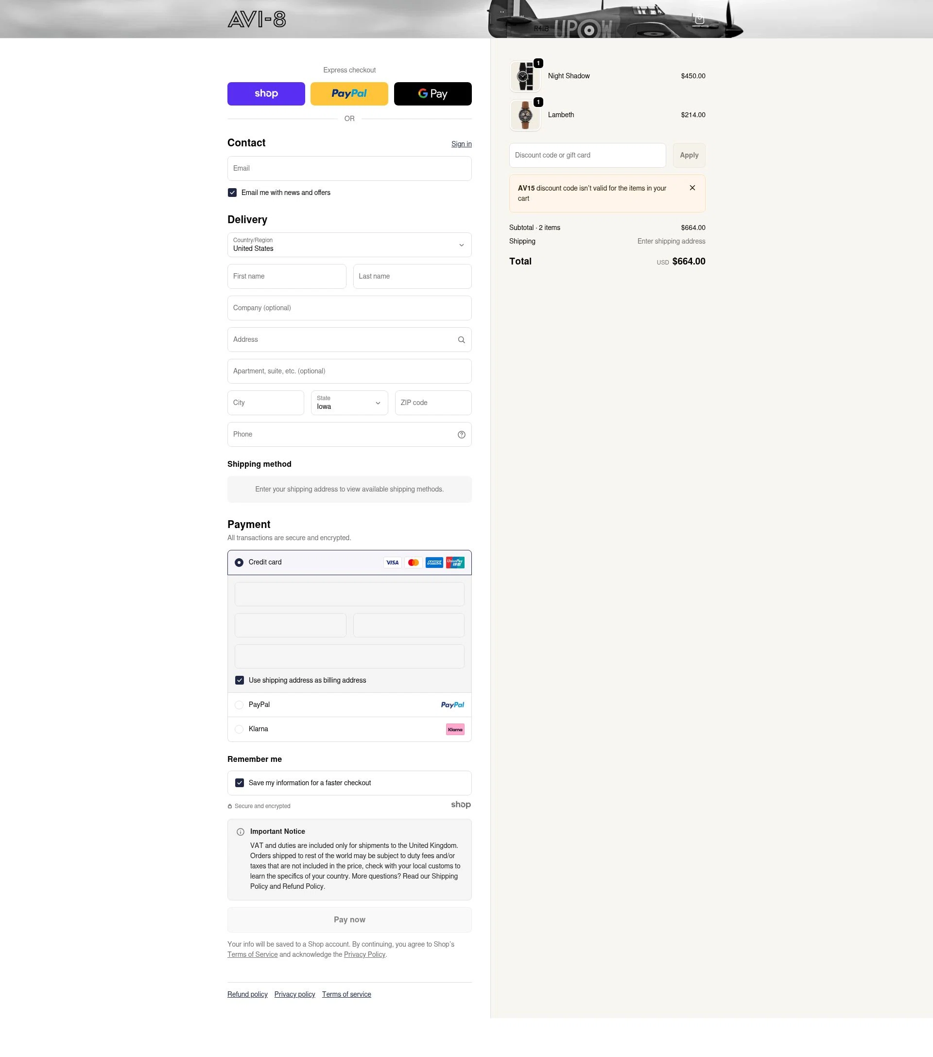 AVI-8 checkout page showing AVI-8 promo code box | Screenshot taken by SimplyCodes community member on Dec 29, 2025