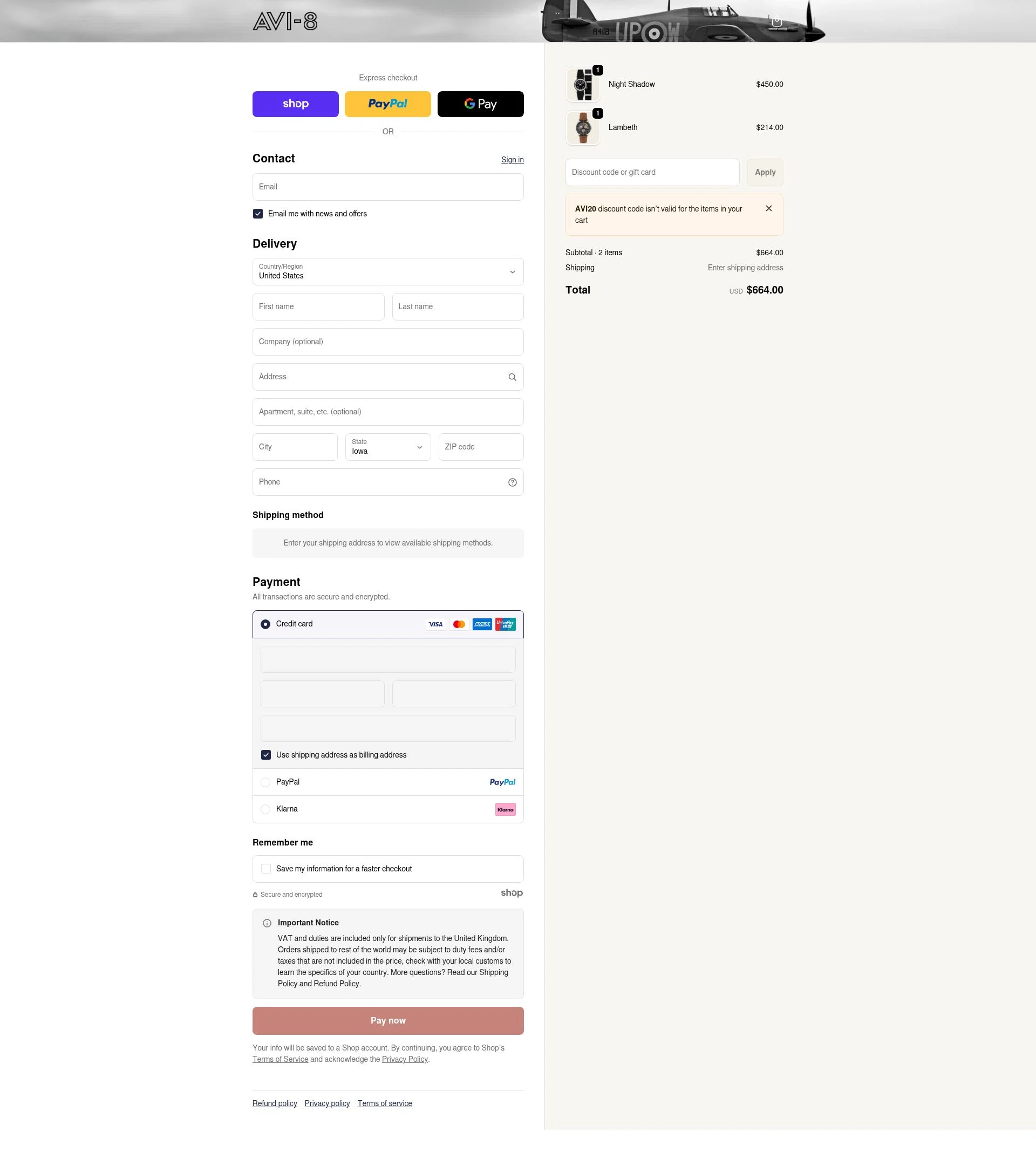 AVI-8 checkout page showing AVI-8 promo code box | Screenshot taken by SimplyCodes community member on Dec 29, 2025
