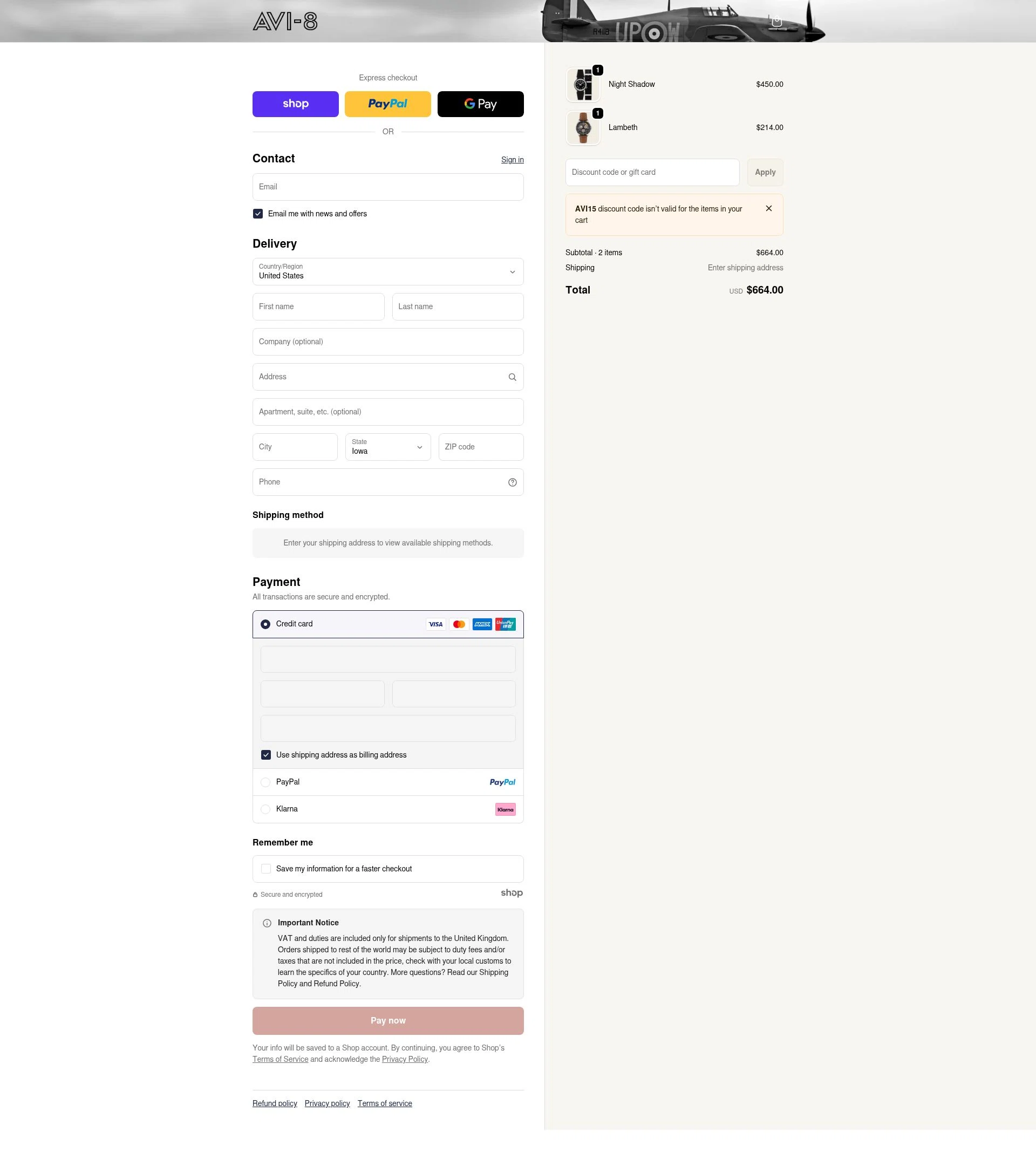 AVI-8 checkout page showing AVI-8 promo code box | Screenshot taken by SimplyCodes community member on Dec 29, 2025