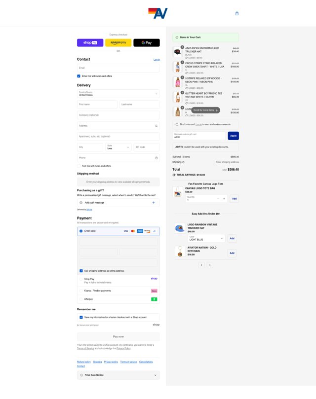 Aviator Nation checkout page showing Aviator Nation discount code box | Screenshot taken by SimplyCodes community member on Aug 27, 2025