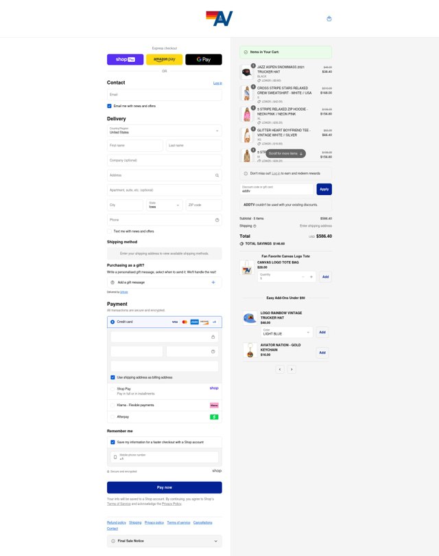 Aviator Nation checkout page showing Aviator Nation discount code box | Screenshot taken by SimplyCodes community member on Aug 27, 2025