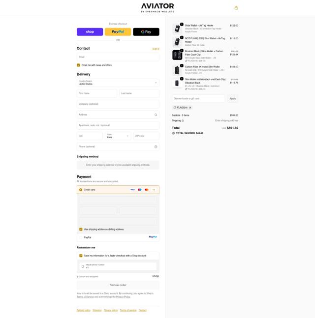 Aviator Wallet checkout page showing Aviator Wallet discount code box | Screenshot taken by SimplyCodes community member on Sep 22, 2025