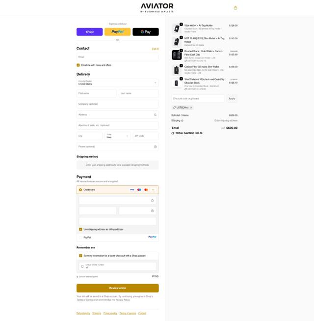 Aviator Wallet checkout page showing Aviator Wallet discount code box | Screenshot taken by SimplyCodes community member on Sep 18, 2025