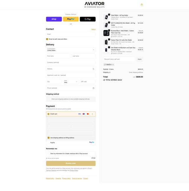 Aviator Wallet checkout page showing Aviator Wallet discount code box | Screenshot taken by SimplyCodes community member on Sep 22, 2025