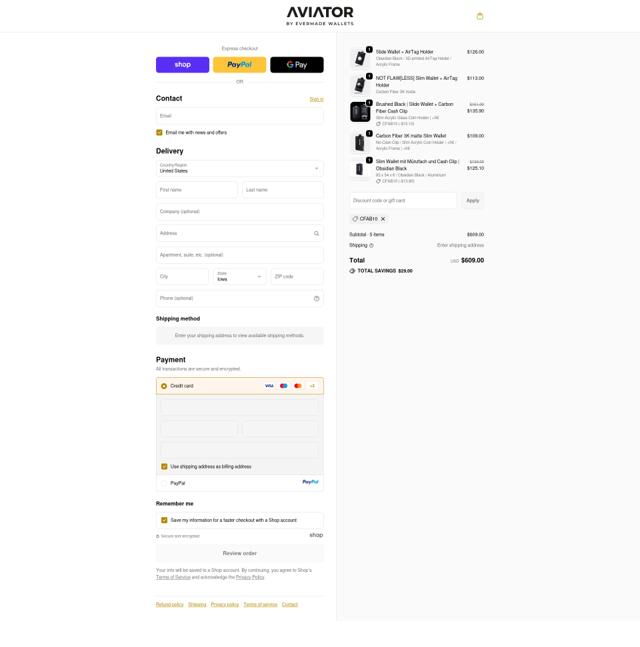 Aviator Wallet checkout page showing Aviator Wallet discount code box | Screenshot taken by SimplyCodes community member on Sep 22, 2025