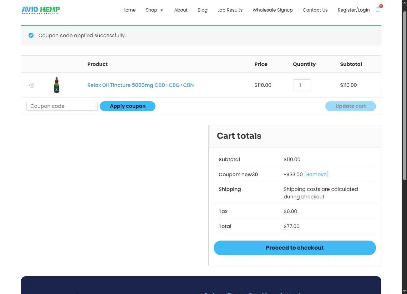 Avid Hemp checkout page showing Avid Hemp coupon code box | Screenshot taken by SimplyCodes community member on Jan 6, 2026