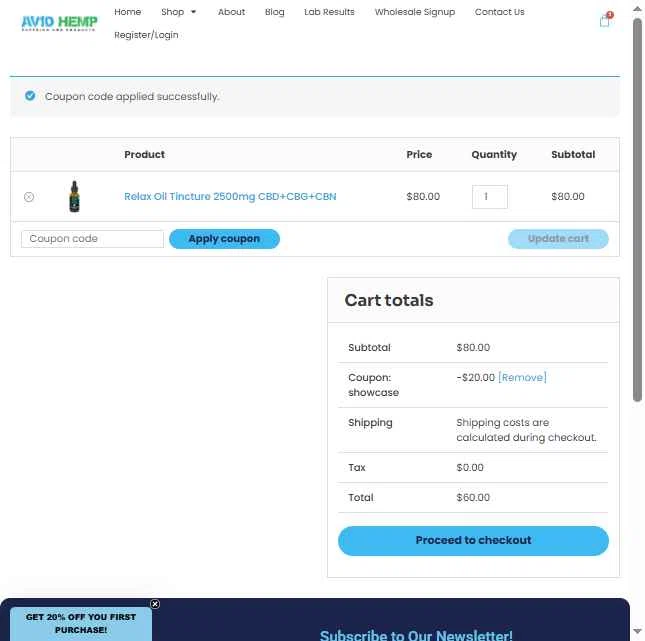 Avid Hemp checkout page showing Avid Hemp coupon code box | Screenshot taken by SimplyCodes community member on Dec 14, 2025