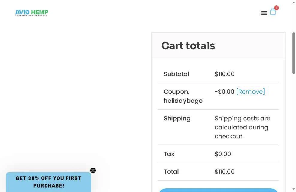 Avid Hemp checkout page showing Avid Hemp coupon code box | Screenshot taken by SimplyCodes community member on Dec 15, 2025