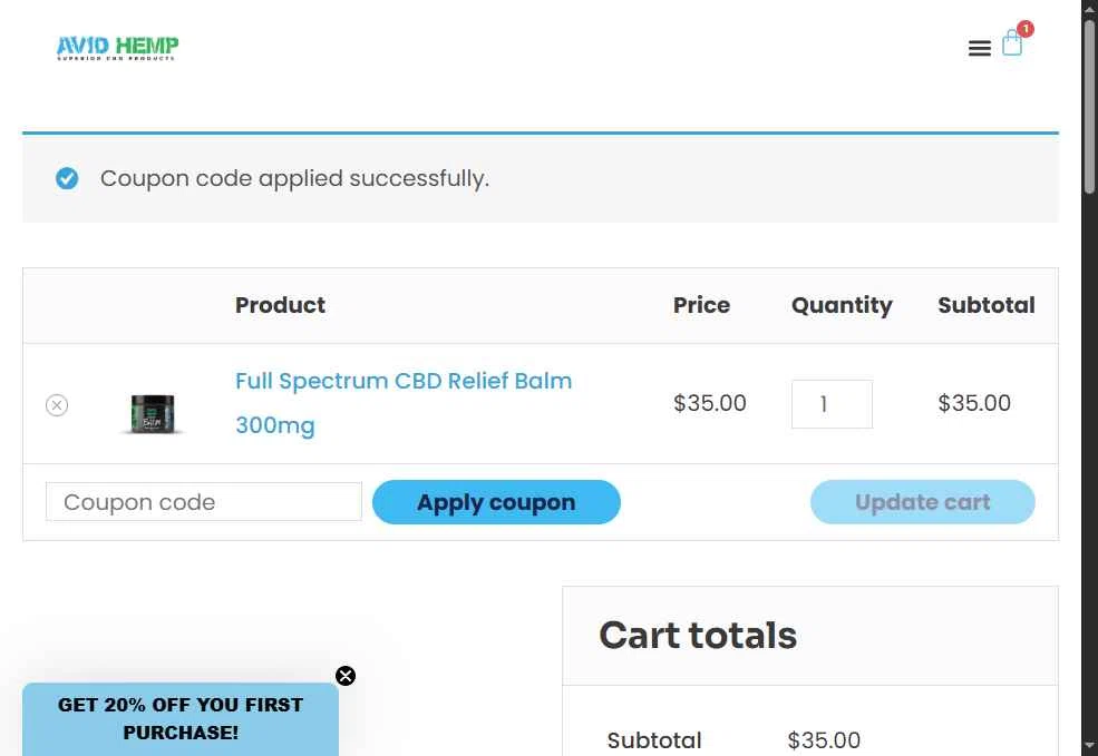 Avid Hemp checkout page showing Avid Hemp coupon code box | Screenshot taken by SimplyCodes community member on Jan 10, 2026
