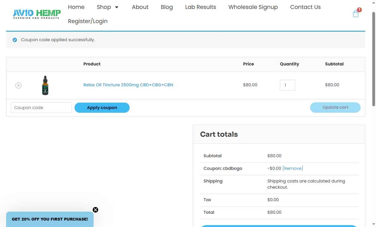 Avid Hemp checkout page showing Avid Hemp coupon code box | Screenshot taken by SimplyCodes community member on Dec 15, 2025