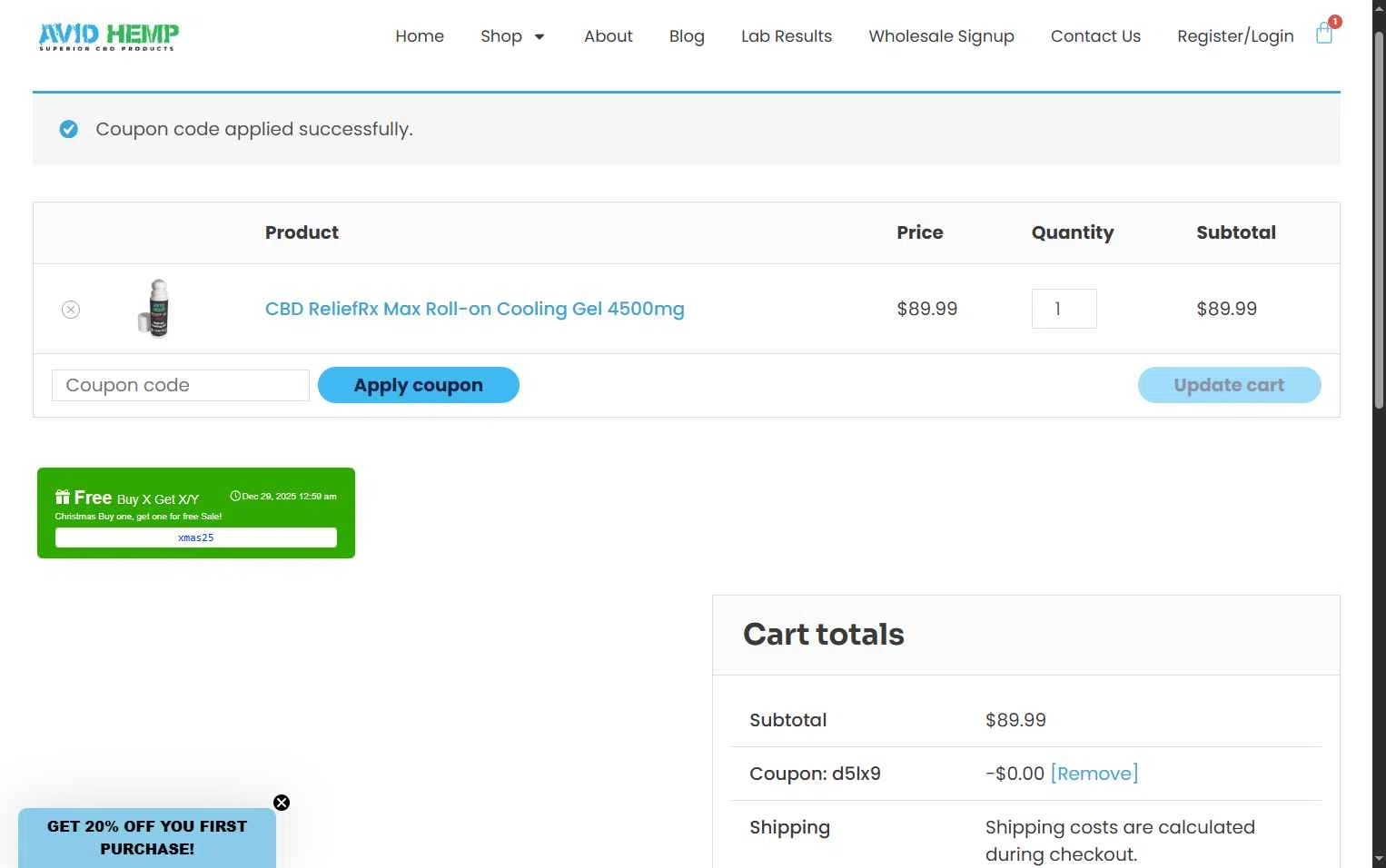 Avid Hemp checkout page showing Avid Hemp coupon code box | Screenshot taken by SimplyCodes community member on Dec 25, 2025