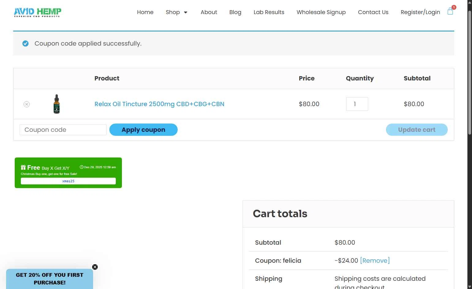 Avid Hemp checkout page showing Avid Hemp coupon code box | Screenshot taken by SimplyCodes community member on Dec 25, 2025