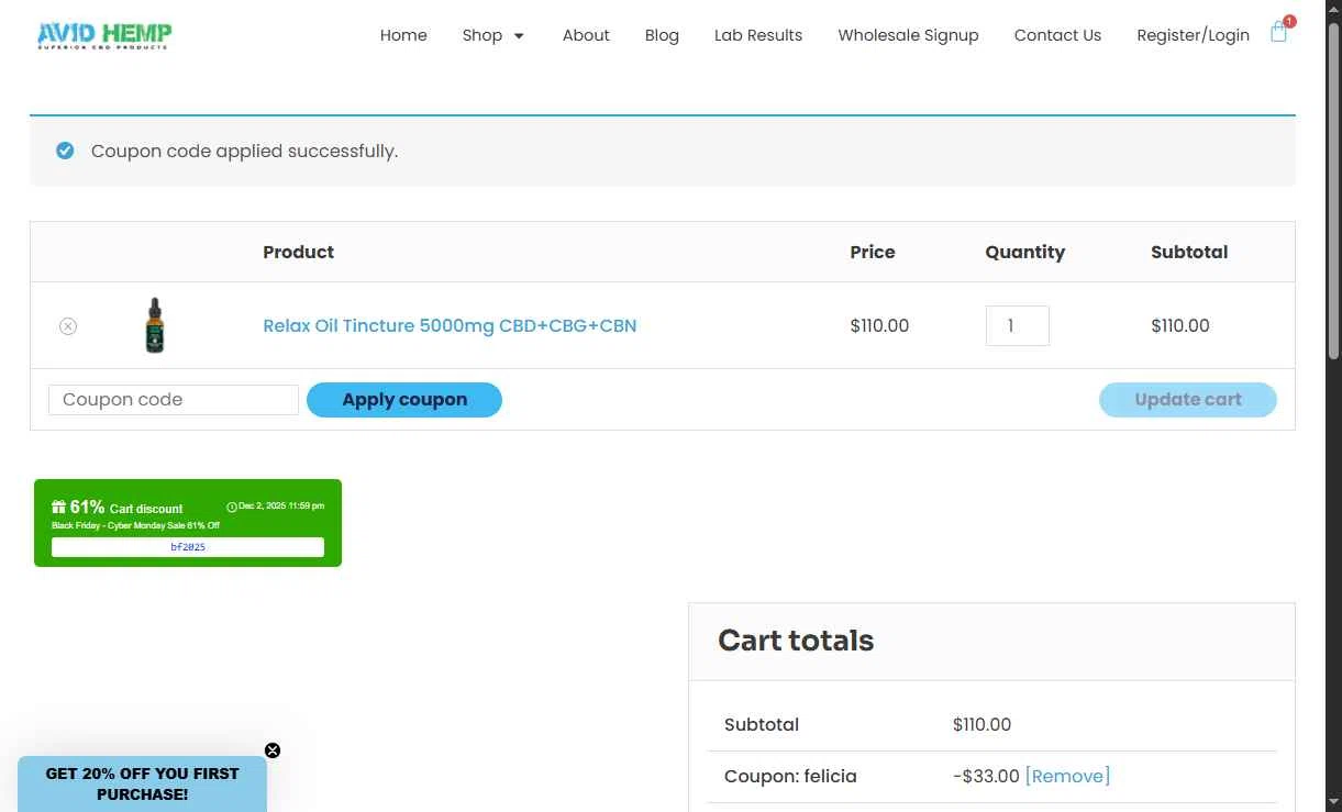 Avid Hemp checkout page showing Avid Hemp coupon code box | Screenshot taken by SimplyCodes community member on Nov 26, 2025
