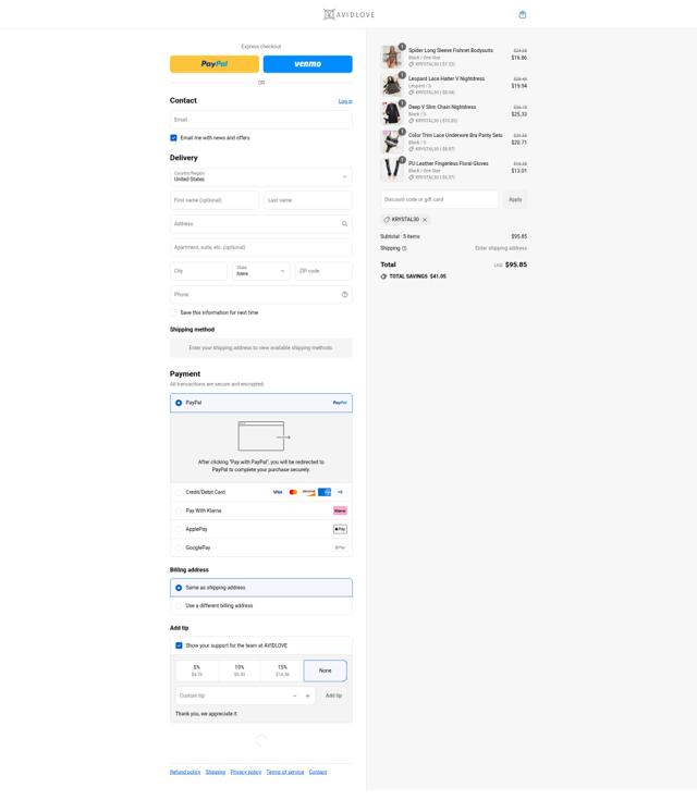 Avidlove checkout page showing Avidlove discount code box | Screenshot taken by SimplyCodes community member on Sep 9, 2025