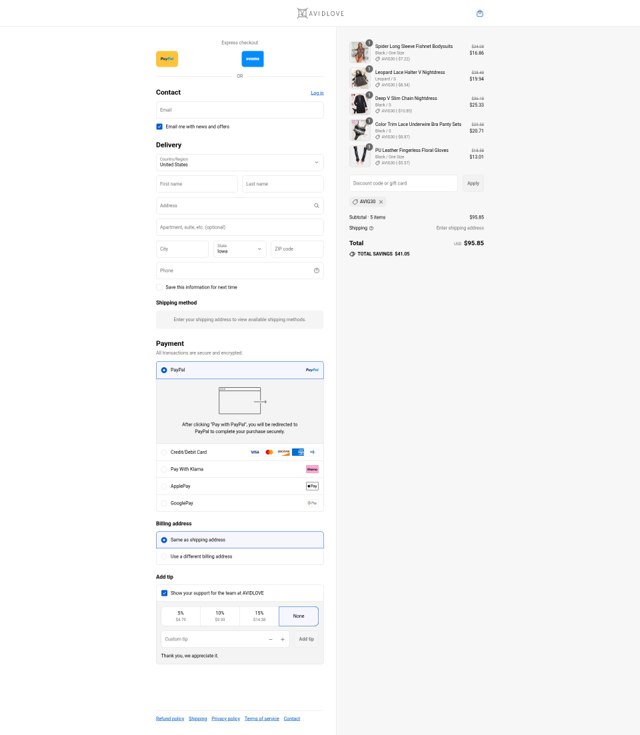 Avidlove checkout page showing Avidlove discount code box | Screenshot taken by SimplyCodes community member on Aug 27, 2025