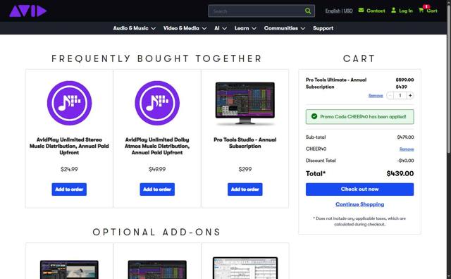 Avid Technology checkout page showing Avid Technology promo code box | Screenshot taken by SimplyCodes community member on Jun 28, 2025