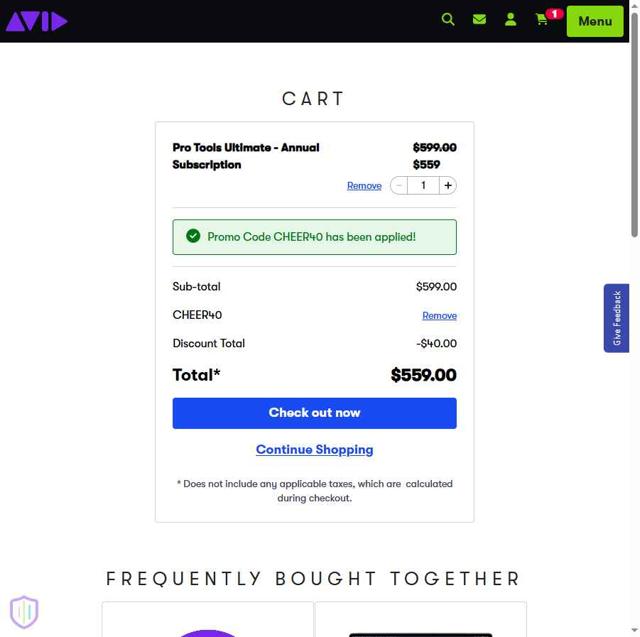 Avid Technology checkout page showing Avid Technology promo code box | Screenshot taken by SimplyCodes community member on Jul 7, 2025