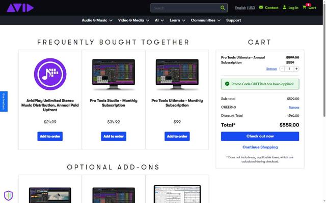 Avid Technology checkout page showing Avid Technology promo code box | Screenshot taken by SimplyCodes community member on Jul 18, 2025