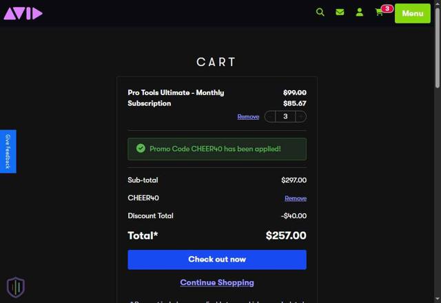Avid Technology checkout page showing Avid Technology promo code box | Screenshot taken by SimplyCodes community member on Jun 12, 2025