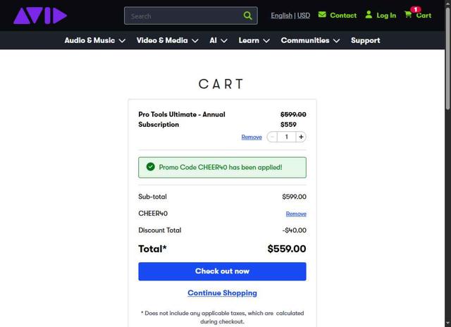 Avid Technology checkout page showing Avid Technology promo code box | Screenshot taken by SimplyCodes community member on Jul 10, 2025